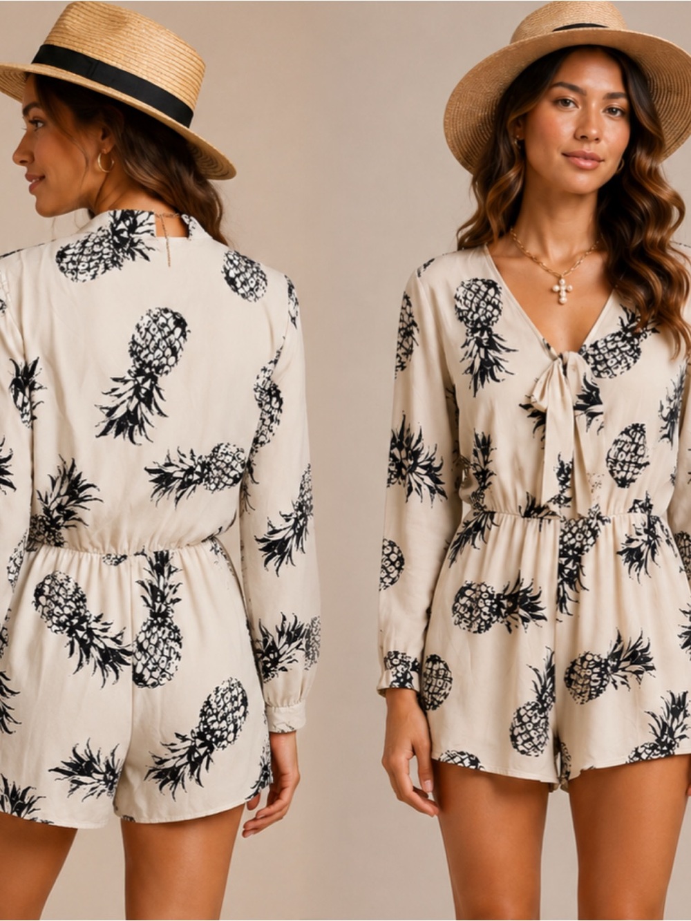 Peach Love California Cream Pineapple Print Long Sleeve Tie Romper